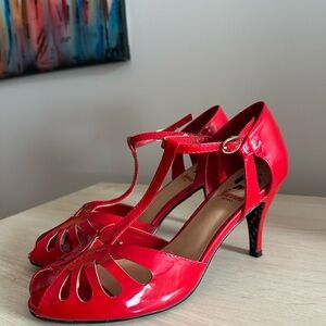 Banned Retro -Red T-Strap Peep Toe Heels 3 inch heel - size 41